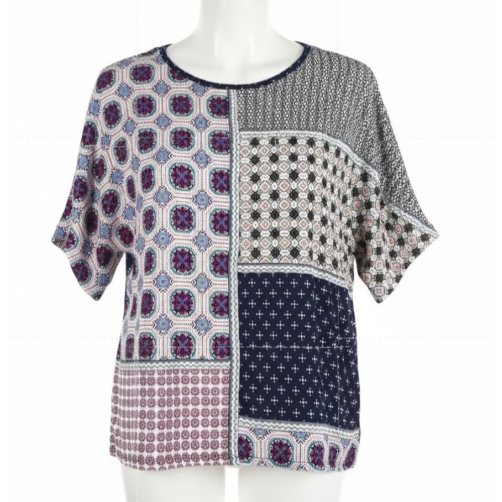 Chicos Patchwork Print Top 0 Small Blue Geo‎ Boho Mixed Pattern Short Sleeve